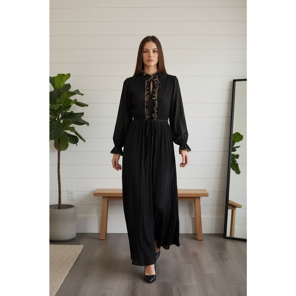 VTG ILGWU Union Made 70s 80s Black & Gold Sheer Maxi Dress Waist Belt 9/10 Chrty